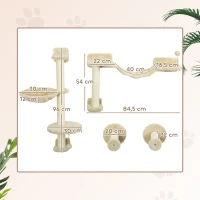 PawHut Prateleiras de Escalada para Gatos de Parede com Rede Plataformas Poste de Sisal e Escada 84,5x19x54 cm  Bege(m-3)