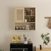 HOMCOM Armoire murale, meuble haut salle de bain avec porte coulissante en rotin et étagères ouvertes, bois naturel(m-7)