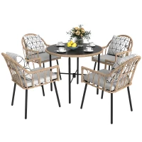 Outsunny 5 Piece Patio Rattan Dining Set, Wicker Garden Table and Chairs w/ Removable Seat & Back Cushions, Round Tempered Glass Tabletop, Parasol Hole, Outdoor Furniture Conservatory Set, Light Brown(m-10)