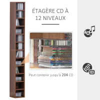 HOMCOM Rangements pour CD et DVD, étagère colonne de rangement, meuble de rangement avec 12 compartiments, capacité max. 204 CD, 21 x 20 x 175 cm, marron(m-4)