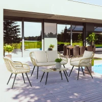 Outsunny Set Mobilier de Grădină din 4 Piese cu Canapea, 2 Fotolii cu Perne Lavabile și Măsuță, 120x65x78 cm, Bej(m-7)