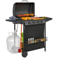Outsunny 4+1 Burner Gas BBQ Grill, Portable Gas Barbecue Grill with Built-in Thermometer, Lid, Side Table, Shelf, Spice Rack, Wheels, Grease Cup for Garden Party Outdoor Cooking, Black(m-10)