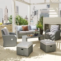 Outsunny Six-piece Outdoor Rattan Dining Set, Outdoor Sofa Set with Reclining Armchairs and Mental Frame, Grey(m-14)