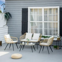 Outsunny Set Mobilier de Grădină din 4 Piese cu Canapea, 2 Fotolii cu Perne Lavabile și Măsuță, 120x65x78 cm, Bej(m-2)