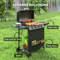 Outsunny 4+1 Burner Gas BBQ Grill, Portable Gas Barbecue Grill with Built-in Thermometer, Lid, Side Table, Shelf, Spice Rack, Wheels, Grease Cup for Garden Party Outdoor Cooking, Black(m-6)