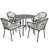 Outsunny 5 Piece Patio Rattan Dining Set, Wicker Garden Table and Chairs w/ Removable Seat & Back Cushions, Round Tempered Glass Tabletop, Parasol Hole, Outdoor Furniture Conservatory Set, Grey(m-1)