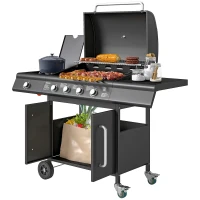 Outsunny Gasgrill 15,2 KW Grillwagen inkl 5 Edelstahl-Brenner Rolle Seitenkocher 129,5 x 56 x 110 cm Schwarz(m-1)