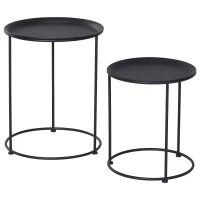 Outsunny Beistelltisch, 2er Set, Gartentisch Couchtisch, Kaffeetisch mit erhöhten Kanten, Wohnzimmer, Metall Schwarz, Ø33/Ø39 x H39/49 cm(m-10)