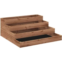 Outsunny Strat Înălțat de Grădină cu 4 Niveluri, Jardinieră de Balcon cu Bază Deschisă și Căptușeală, 113x113x46 cm, Maro(m-10)