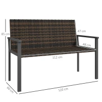 Outsunny 2 Seater Rattan Garden Bench, Outdoor Bench with Quick-Drying Cotton Padding, Wicker Garden Loveseat with Armrests, Steel Frame for Patio, Park, Mixed Brown(m-3)