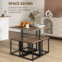 HOMCOM 5 Piece Dining Table and Chairs Set 4, Industrial Space Saving Table and Chairs with Metal Frame, Square Kitchen Table and Stools for Dining Room, Brown(m-4)