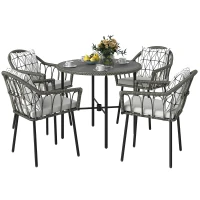 Outsunny 5 Piece Patio Rattan Dining Set, Wicker Garden Table and Chairs w/ Removable Seat & Back Cushions, Round Tempered Glass Tabletop, Parasol Hole, Outdoor Furniture Conservatory Set, Grey(m-11)
