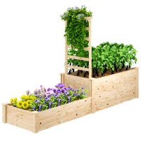 Outsunny Pat Înălțat pentru Grădină cu Grilaj, Bază Deschisă și 2 Despărțitoare, 222x63x132 cm, Lemn Natural(m-10)