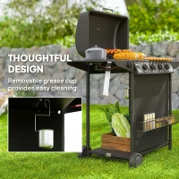 Outsunny 4+1 Burner Gas BBQ Grill, Portable Gas Barbecue Grill with Built-in Thermometer, Lid, Side Table, Shelf, Spice Rack, Wheels, Grease Cup for Garden Party Outdoor Cooking, Black(m-7)
