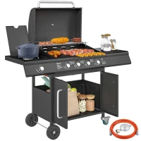 Outsunny Gasgrill 15,2 KW Grillwagen inkl 5 Edelstahl-Brenner Rolle Seitenkocher 129,5 x 56 x 110 cm Schwarz(m-10)