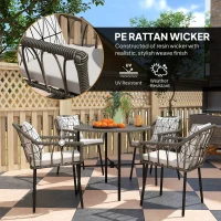 Outsunny 5 Piece Patio Rattan Dining Set, Wicker Garden Table and Chairs w/ Removable Seat & Back Cushions, Round Tempered Glass Tabletop, Parasol Hole, Outdoor Furniture Conservatory Set, Grey(m-4)