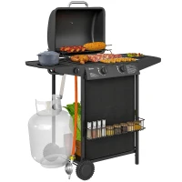 Outsunny Gasbarbecue 7 KW met 3 Branders, Zijbrander, Rollen & Deksel 107 x 54 x 96 cm Zwart(m-11)