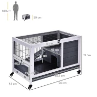 PawHut Coelheira de madeira gaiola para pequenos animais de estimação portátil com telhado de abertura rampa de bandeja removível para cobaias 90x53x59 cm cinza e branco(m-3)
