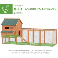 PawHut Galinheiro de madeira ao ar livre Gaiola grande para 8-10 galinhas com compartimento de corredor 2 ninhos telhado de asfalto bandeja removível e rampa 347x160x150 cm laranja(m-4)