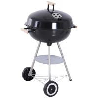 Outsunny Barbecue a Carvão Portátil com Rodas Tampa e Tigela Esmaltadas e Puxadores de Madeira  48x56x85 cm Preto(m-10)