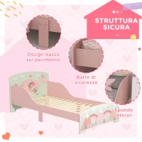 Outsunny Letto per Bambini 3-6 Anni con Bordi Rialzati, Doghe e Fantasia con Animali, 140x70 cm, Rosa(m-5)