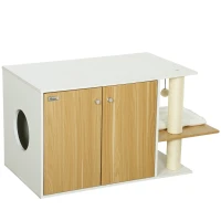 PawHut Móvel Caixa de Areia para Gatos 3 em 1 para Gatos com Poste para Arranhar e Centro de Jogos 94x48x50,5 cm Carvalho e Branco(m-11)