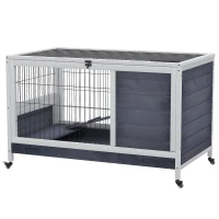 PawHut Coelheira de madeira gaiola para pequenos animais de estimação portátil com telhado de abertura rampa de bandeja removível para cobaias 90x53x59 cm cinza e branco(m-11)