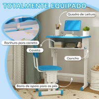 HOMCOM Conjunto de Secretária e Cadeira para Crianças com Altura Ajustável 1 Gaveta e 1 Prateleira para Livros 60x45x90-120 cm Azul(m-5)
