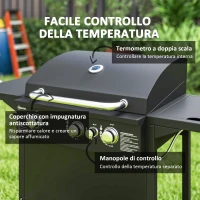 Outsunny Barbecue a Gas con Bruciatori Indipendenti, Coperchio con Termometro e Tavolino Laterale, Nero(m-5)