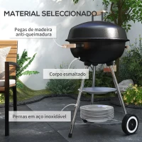 Outsunny Barbecue a Carvão Portátil com Rodas Tampa e Tigela Esmaltadas e Puxadores de Madeira  48x56x85 cm Preto(m-6)