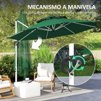 Outsunny Chapéu de Sol Excêntrico  Ø292 cm com Manivela Rotativo 360° Inclinação Ajustável Duplo Teto e Base Cruzada Verde Escuro(m-7)