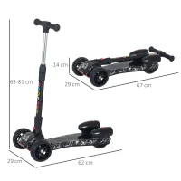 HOMCOM Trotinete ajustável em altura de 4 níveis dobrável com luzes musica Nevoeiro de água para crianças acima de 3 anos 61x26x63-81 cm Preto(m-3)