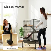 PawHut Gaiola para Animais Pequenos de 4 Níveis Gaiola para Roedores com Rodas Rampas Tigela Garrafa de Água e Bandeja Removível Recinto para Coelhos Chinchilas Furões 69x44x120 cm Preto(m-7)