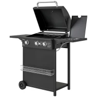 Outsunny Barbecue a Gas con Bruciatori Indipendenti, Coperchio con Termometro e Tavolino Laterale, Nero(m-10)
