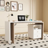 Escritorio de esquina en forma de L, mesa de computadora multifuncional con gabinete de almacenamiento móvil y amplia superficie de trabajo, 135×55×76 cm, Color natural + Blanco.(m-5)