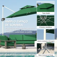 Outsunny Chapéu de Sol Excêntrico  Ø292 cm com Manivela Rotativo 360° Inclinação Ajustável Duplo Teto e Base Cruzada Verde Escuro(m-6)