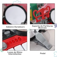 HOMCOM Kit de bateria infantil para crianças acima de 3 anos com tamborete microfone Pratos teclado e vários efeitos de DJ 77,5x40x76,5 cm Vermelho(m-7)