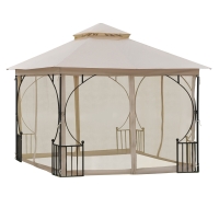 Outsunny Pérgola de jardim 295x295x275cm com 4 cortinas laterais com zíper e telhado duplo com 8 furos de drenagem bege
