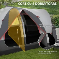 Outsunny Cort de Camping pentru 6-8 Persoane cu 2 Camere Separate și Uși cu Fermoar, 450x215x180 cm, Gri(m-5)