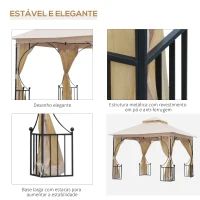 Outsunny Pérgola de jardim 295x295x275cm com 4 cortinas laterais com zíper e telhado duplo com 8 furos de drenagem bege(m-5)
