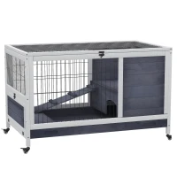PawHut Coelheira de madeira gaiola para pequenos animais de estimação portátil com telhado de abertura rampa de bandeja removível para cobaias 90x53x59 cm cinza e branco(m-1)