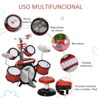 HOMCOM Kit de bateria infantil para crianças acima de 3 anos com tamborete microfone Pratos teclado e vários efeitos de DJ 77,5x40x76,5 cm Vermelho(m-5)