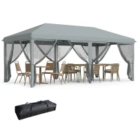 Outsunny Tenda Dobrável 585x295x270 cm Tenda de Jardim com 6 Mosquiteiros Bolsa de Transporte e Estrutura de Aço Cinza(m-10)