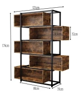 Bücherregal mit 5 Etagen, Holzmaserung und schwarzem Metallrohr, 121×35×176 cm, Schwarz+Braun(m-3)