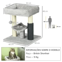 PawHut Arranhador para Gatos com 2 Postes de Arranhar Cama Plataforma em U e Escova Bola Suspensa 40x40x48 cm Cinza(m-3)