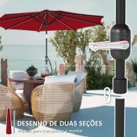 Outsunny Chapéu de Sol para Jardim Ø292x252 cm com Inclinação Ajustável até 45° Luzes LED Solares e Manivela Vinho(m-8)