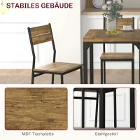 HOMCOM 3-teilige Essgruppe, Esstisch-Set, 1 Tisch, 2 Stühle, MDF+Metall, Braun(m-5)