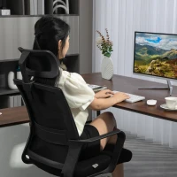 HOMCOM Scaun de Birou Ergonomic cu Tetieră, Înălțime Reglabilă și Funcție de Balansare, 60x64x102-112 cm, Negru(m-9)