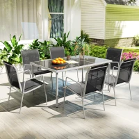 Outsunny Ensemble de jardin 6 pers. 6 chaises empilables table plateau verre trempé 5 mm métal époxy textilène argent(m-7)