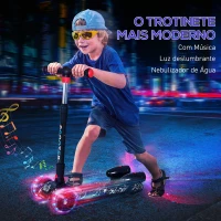 HOMCOM Trotinete ajustável em altura de 4 níveis dobrável com luzes musica Nevoeiro de água para crianças acima de 3 anos 61x26x63-81 cm Preto(m-4)